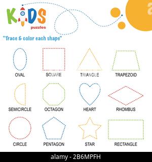 Zeichnen Sie die Form auf und färben Sie sie. Arbeitsblattübung Vorschule. Druckbares, einfaches und farbenfrohes Arbeitsblatt für Kinder. Stock Vektor