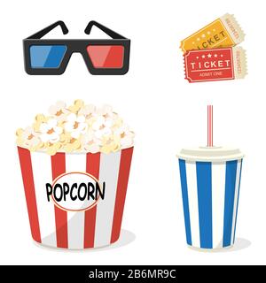 Set aus Kinematographie-Elementen - 3D-Brille, Eintrittskarten, Popcorn und Limonade. Stock Vektor