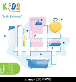 Einfaches Kreuzworträtsel "Im Bad", für Kinder in der Grundschule und Mittelschule. Spaß beim Üben des Sprachverständnisses und erweitern des Vokabulars Stock Vektor