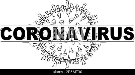 Vector Schwarzweiß konzeptionelle Zeichnung, Abbildung oder Design von Coronavirus Kovid-19 im Logo- oder Kopfzeilenformat. Stock Vektor