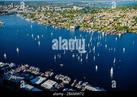 Luftbild von Seattle mit Regatta in Eagle Harbor, Washington State, USA Stockfoto