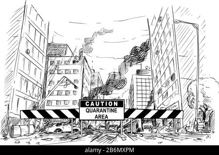 Vector Cartoon Stick Figur Zeichnung konzeptionelle Illustration der Vorsicht Quarantänebereich Straßenblock die zerstörte Straße der Stadt blockieren nach Coronavirus Kovid-19 Epidemie oder Infektionspanik. Stock Vektor