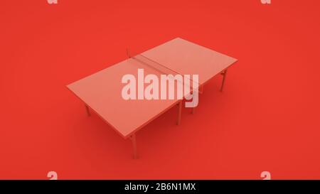 Ping-Pong-Tisch isoliert auf rotem Hintergrund. 3D-Rendering. Stockfoto