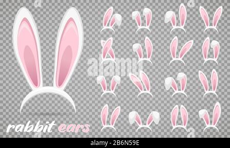 Oster Rabbit Ohren Ikonen - großer Satz. Maskierte Häschenohrchen auf transparentem Hintergrund. Niedliche Aufkleber mit Kopfband. Vektorgrafiken Stock Vektor