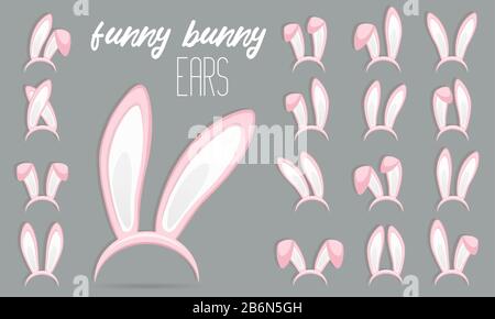 Oster Rabbit Ohren Ikonen - großer Satz. Maskierte, rosafarbene, bunte Ohren auf transparentem Hintergrund. Niedliche Aufkleber mit Kopfband. Vektorgrafiken Stock Vektor