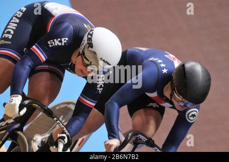 De la France und Madalyn Godby von USA Frauen Keirin - Viertelfinale 2 Heat während der von Tissot am März, 01 2020 auf dem Velodrom in Berlin, Deutschland, Vorgestellten Rennradweltmeisterschaften 2020 - Foto Laurent Lairys/DPPI Stockfoto