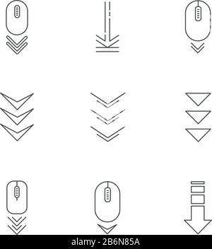 Scroll-Down-Tasten Pixel perfekte lineare Symbole festgelegt. Web-Cursor. PC-Elemente mit Pfeilspitzen. Anpassbare Kontursymbole mit dünnen Linien. Isolierter Vektor Stock Vektor
