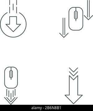Computermaus und Pfeilspitzen Pixel perfekt lineare Symbole gesetzt. Scrollingdown-Cursor für Website-Seite. Anpassbare Kontursymbole mit dünnen Linien. Isoliert Stock Vektor