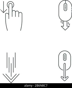 Bildlaufpixelperfekt lineare Symbole festgelegt. Wischen Sie die Anzeigen für den Smartphone-Touchscreen nach unten. Anpassbare Kontursymbole mit dünnen Linien. Isolierter Vektor Stock Vektor