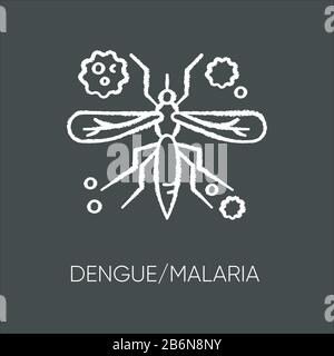 Dengue, weiße Malaria-Kreide-Ikone auf schwarzem Hintergrund. Tropische Infektionskrankheit, gefährliche Mückenerkrankung. Afrikanisches Blut saugt Insekten Stock Vektor