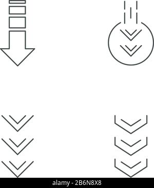 Abwärtspfeile Pixel perfekte lineare Symbole festgelegt. Doppelte Pfeilspitze im Kreis. Scrolldown-Schaltflächen. Anpassbare Kontursymbole mit dünnen Linien. Isolierter Vektor Stock Vektor