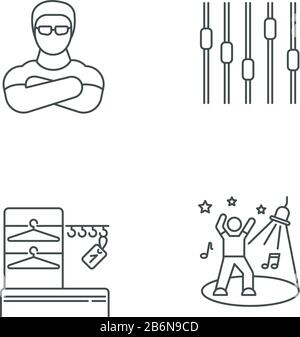 Nachtclub Pixel perfekte lineare Symbole gesetzt. Nachtclub anpassbare dünne Linienkontursymbole. Hüpfer, garderobe, Tanzfläche und Equalizer isoliert Stock Vektor