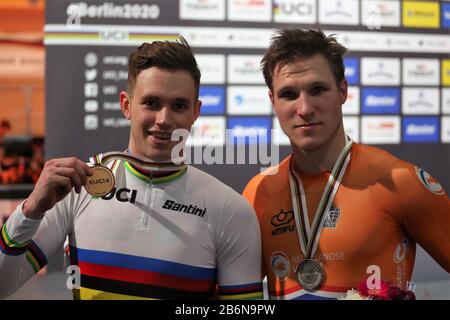 Jeffrey Hoogland von Nederlandt und Harrie Lavreysen von Nederlandt Männer Sprint -Podium während der von Tissot am März, 01 2020 auf dem Velodrome in Berlin, Deutschland, Vorgestellten Rennradweltmeisterschaften 2020 - Foto Laurent Lairys/DPPI Stockfoto