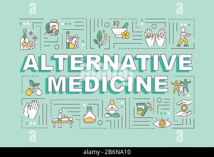 Banner für alternative Medizinbegriffe. Ergänzende medizinische Verfahren und Techniken. Infografiken mit linearen Symbolen auf Minzhintergrund. Isoliert Stock Vektor