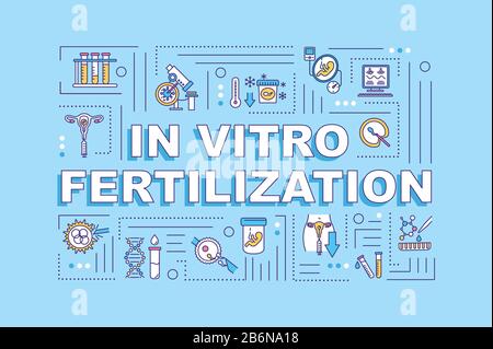 In-vitro-Fertilisation: Wortkonzepte. Gentechnik. Fötus, Embryo. Infografiken mit linearen Symbolen auf türkisfarbenem Hintergrund. Isoliert Stock Vektor