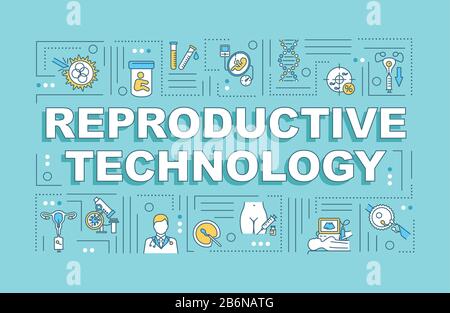 Banner für Reproduktionstechnologie mit Wortkonzepten. Wissenschaftliche Forschung. Biochemie. Infografiken mit linearen Symbolen auf blauem Hintergrund. Isoliert Stock Vektor