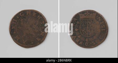 Francois-Hercule, hertog van Anjou, graaf van Vlaanderen, munt van twaalf mijten, geslagen te Gent Voorzijde: Gekroonde, staande leeuw boven jaartal binnen omschrift. Keerzijde: Gekroond wappenschild, omhangen met de orde van H. Michael binnen omschrift Hersteller: AnoniemPlaats Herstellung: Gent dating: 1582 Physische Kenmerken: Koper Material: Koper Techniek: Slaan Abmessungen: D 2,7 cm. × g 5,78 gr Betreff: Tachtigjarige OorlogWanneer: 1582 - 1582 Stockfoto