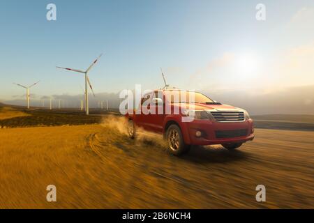 3D-Rendering eines Pickup-Trucks bei der Arbeit in einem Windpark Stockfoto