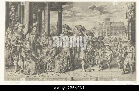 Frederik Hendrik, Frederik V van Bohemen en Ernst Casimir traf hun vrouwen en kinderen, 1627 Gruppenporträt von Gouverneur Friedrich Henry, dem Winterkönig Friedrich V. von Böhmen und Graf Ernst Casimir mit ihren Ehefrauen und Kindern, auf einer Terrasse mit Blick auf den Hof und den Hofvijver, 1627. Linke Statuen von William I. und Maurice. Ein Bild von 1627 wiederzugeben. Hersteller: Druckerhersteller: Anonym von French Brun (Listed Property) Druckerhersteller: Niederlande Datum: CA. 1890 - ca. 1910 Physikalische Merkmale: Kopiermaterial: Papiertechnik: Lichtdruckmessungen: Blatt: H 280 mm Stockfoto