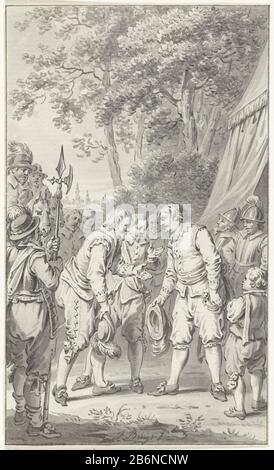 Frederik Hendrik wordt als Veldheer in het Franse leger begroet, 1635 Stadtbesitzer Frederick Henry ist als General im französischen Heerlager Armee grüßt Mai 1635. Entwurf prent. Hersteller : Künstler: Jacobus Kauft (persönlich unterzeichnet) Ort Herstellung: Nordholland Datum: 1790-815 Physische Merkmale: Stift und Bürste in grauem Material: Papiertinte Technologie: Stift / Bürste Abmessungen: Blatt: H 149 mm × W 89 mmToelichtingOntauptekening zur Veranschaulichung in: James Cook, Vaderlandsch Dictionary, Johannes Allart, Amsterdam aus den Jahren von 1785-99, 35 Teile, Vol. XVI, pl. II Betrifft: Oberbefehlshaber, Gen Stockfoto