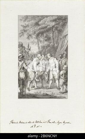 Frederik Hendrik wordt als Veldheer in het Franse leger begroet, 1635 Stadtbesitzer Frederick Henry wird als Kommandeur im Lager der französischen Armee Mai 1635 begrüßt. Hersteller: Druckmaschine: Reinier Vinkeles (I) (denkmalgeschütztes Gebäude) zum Zeichnen von: Jacobus Kauft (denkmalgeschütztes Eigentum) Ort Herstellung: Amsterdam Datum: 815 Physikalische Merkmale: Radierung; Proofing-Material: Papiertechnik: Ätzmaße: Blatt: H 236 mm × W 151 mmToelichtingGebruikt als Illustration in: James Cook, Vaderlandsch Dictionary, Johannes Allart, Amsterdam aus den Jahren von 1785-99, 35 Teile, Vol. XVI, pl. II Betrifft: Belagerung, Krieg von p Stockfoto