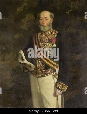 Frederik s'Jacob (1822-1901) Gouverneur-generaal (1880-84), SK-A-3809 Porträt von Frederik s'Jacob (1822-1901). Gouverneur General (1880-84). Knielänge, stehend mit dem Pitch in der rechten Hand nach links. Im Hintergrund ein Wandteppich aus Laub, Vogel und Gebäude. Teil einer Reihe von Porträts der Gouverneure General des ehemaligen niederländischen Ostens Indië. Hersteller : Maler Pieter de Josselin de Jong (denkmalgeschütztes Gebäude) Vom: Von der Zeit von: Von der Zeit bis zur Zeit: Von der Zeit bis zur Zeit: Von der Erde bis zur Zeit: Von der Erde Bis zur Erde: Von der Erde Bis zur Erde: Von der Erde Bis zur Erde. B × 105 cm Außenabmessungen: 14 cm d. (Einschließlich Träger Stockfoto