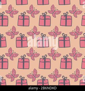 Geschenke und Schmetterlinge nahtloses Muster in Vektor-pink Stock Vektor
