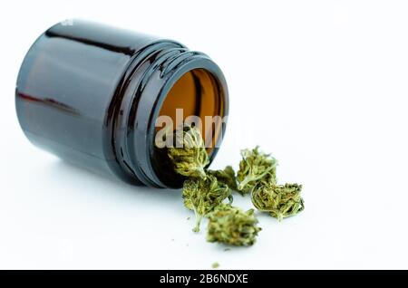 Medizinisches Fläschchen aus schwarzem Glas mit Cannabisknospen im Inneren. Medizinisches Cannabiskonzept Stockfoto