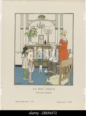 Gazette du Bon Ton, 1914 - Nr. 1, Pl II Le Bon Oncle Costumes d'enfants (titel op object) Interior mit drei Kindern, die in "einfachen Kindern" in Mode von 1914 gekleidet sind. Sie stellen einen sitzenden älteren Gentleman dar, der einen Pop aus einer Kiste hat. Planche II der Gazette du Bon Ton, 1914, Nr. 1. Beschreibung der Kleidung auf der Seite "Explication des Planches". Hersteller: Entworfen von Charles-Emile Carlègle (denkmalgeschütztes Gebäude) Druckmaschine: Anonymer Direktor: Lucien Vogel Verlag: Emile Lévyuitgever A. Dillacdrukker G. Kadar Place Manufacturer: Direktor: Théâtre des Folies-Marignyuitgever: Théâtre des Folies-Mar Stockfoto