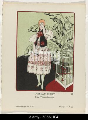 Frau, die mit einem toten Vogel in der Hand steht. Sie trägt einen Nachmittagskleid oder eine Robe Tcheco-Slowaque ', mit einem schwarzen Samtboden und roten Stickereien und Quasten. Planche 33 der Gazette du Bon Ton, 1920, Nr. 5. Beschreibung der Kleidung auf der Seite "Explication des Planches". Hersteller : Design von L'Hunk Rent Autor: Anonymer Verleger Lucien Vogel (denkmalgeschütztes Gebäude) Herausgeber: The Field Press Publisher: Naville et Cieuitgever: Condé Nast Publisher Publisher: Imprimerie Studium Place Manufacturing: Publisher Paris Publisher: London Publisher: Geneva Publisher: New York Publisher: Paris Date: 1920 Physical Stockfoto