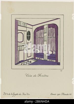 Sitzt an einem Fenster mit einer Bank in den Farben Pink und Purpur. Planche VII aus einer Reihe von vier Lithografien: "Installation d'un jeune menage modern composition par Lucie Renaudot exécution the P.A. Dumas" in Gazette du Bon Ton, 1921, Nr. 2. Erläuterung der Einrichtung auf Seite Exploration des Planches. Hersteller : zur Gestaltung: Lucie Renaudot (denkmalgeschütztes Gebäude) Druckerhersteller: Anonymer Verleger Lucien Vogel (denkmalgeschütztes Gebäude) Herausgeber: Der Field Press Publisher: Naville et Cieuitgever: Condé Nast Publisher Publisher: Imprimerie Studium Place Manufacturer: Publisher: Paris Publisher: London P Stockfoto