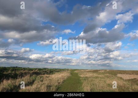 Schingle Street, Suffolk, Großbritannien - 11. März 2020: Spektakuläre große Suffolk-Himmel und Schindelbänke an einem abgelegenen Teil der Suffolk-Küste. Stockfoto