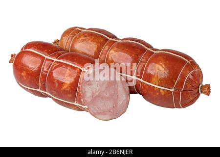 Gekochte Schinkenwurst, isoliert auf weißem Hintergrund. Für Katalog, Menü Stockfoto