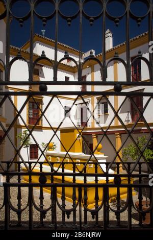 Farbenfroher vertikaler Schuss von einem der Innenhöfe der Stierkampfarena La Maestranza durch sein schmiedeeisernes Tor, Sevilla, Spanien Stockfoto