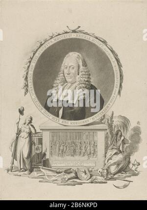 Gedenkteken voor Hendrik Hooft Danielsz Memorial an Henry Hooft Danielsz. Mit seinem Porträt. Im Keller stand eine Aufführung von Henry Hooft Danielsz. Als Bürgermeister von Amsterdam zwischen der Bourgeoisie am 26. Februar 1787. Neben dem Denkmal die Trauerfreiheit mit Freisprediger in der Hand und eine grimmige Frau. Im Vordergrund ein Fass als Symbol für Harmonie, Bücher, einen Schädel und eine zeis. Hersteller : Druckerhersteller Hendrik Leffert Meyling (denkmalgeschütztes Gebäude) in seinem Entwurf: Henry Leffert Meyling (denkmalgeschütztes Eigentum) Herstellung: Amsterdam Datum: 1790-1796 Physikalische Eigenschaften: ET Stockfoto