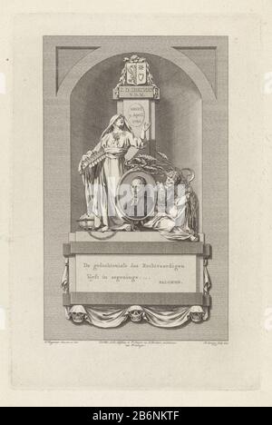 Gedenkteken voor Johan Diederich Deiman Grab des Pastors Johan Diederich Deiman. Richtig die Personifikation Der Zeit, mit den Ohren von Mais und Sicheln, die ein Ende des Lebens setzen. Hinterließ eine Frau mit einem Buch unter dem Arm. Sie flanieren die ovale Porträtbüste Deimans, die von einem Schlauch umrahmt wird, der in seinem eigenen Schwanzbeißen (Ouroboros) das Zeichen der Ewigkeit ist. Hinter dem Porträt eine Säule, ha darauf das Familiencrest. Unter dem Denkmal drei Schädel und eine Tafel am zweizeiligen Tekst. Hersteller: Druckmaschine: König Theodore (denkmalgeschütztes Gebäude), entworfen von Pieter Wagenaar (II) (denkmalgeschütztes Gebäude) veröffentlichen Stockfoto