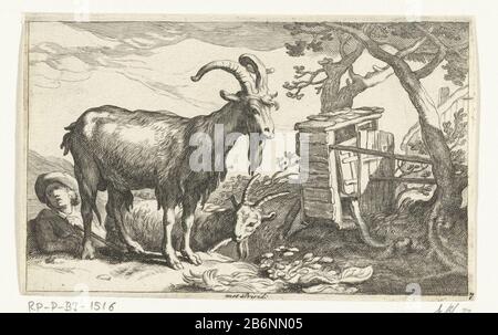 Geiten Dieren (serietitel) zwei Ziegen mit einem jungen Mann. Rechts ein kleiner Schuppen. Drucken Sie eine Serie von 14 Ausdrucken mit verschiedenen nativen dieren aus. Hersteller: Druckmaschine: Frederick Bloemaert zur Zeichnung von Abraham Bloemaert Herausgeber: Nicolaes Visscher (I) Anbieter von Privilegien: States General (Listed Property) Ort Herstellung: Druckmaschine: Utrechter Verleger: Amsterdam Datum: Nach 1635 - 1670 Physische Merkmale: Engras- und Ätzmaterial: Papiertechnik: Engraa (Druckverfahren) / Etch-Abmessungen: Blatt: H 98 mm × W 155 mm Betreff: Ziege Stockfoto