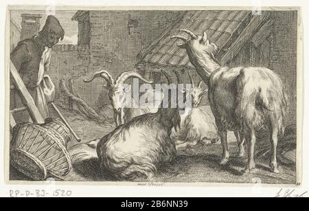 Geiten op een boerenerf Dieren (serietitel) ein Junge bei der Arbeit unter einigen Ziegen. Drucken Sie eine Serie von 14 Ausdrucken mit verschiedenen nativen dieren aus. Hersteller: Druckmaschine: Frederick Bloemaert zur Zeichnung von Abraham Bloemaert Herausgeber: Nicolaes Visscher (I) Anbieter von Privilegien: States General (Listed Property) Ort Herstellung: Druckmaschine: Utrechter Verleger: Amsterdam Datum: Nach 1635 - 1670 Physische Merkmale: Engras- und Ätzmaterial: Papiertechnik: Engraa (Druckverfahren) / Etch-Abmessungen: Blatt: H 98 mm × W 155 mm Betreff: Ziege Stockfoto