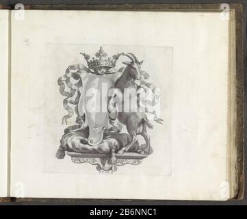Gekroond wapenschild traf geit Numismata virorum illustrium ex Barbadica gente (serietitel) EINE Konsole mit einem Zum Kuss. Dann ein von einer Ziege flankiert bekröntes Wappen. Der Druck ist Teil eines Albums. Hersteller: Druckmaschine: Robert Audenaerd (denkmalgeschütztes Gebäude) Auftraggeber: Giovanni Francesco Barbarigo (denkmalgeschütztes Eigentum) Ort Herstellung: Rom Datum: 1673 - 1743 Physische Merkmale: Fahrzeugmaterial: Papiertechnik: Enra (Druckverfahren) Abmessungen: Plattenkante: H 182 mm × W 180 mm Betreff: Wappen (als Symbol des Staates usw.) Ziege Stockfoto