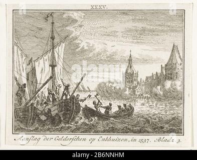 Gelderse troepen vallen Enkhuizen aan, 1537 Aanslag der Gelderschen op Enkhuizen, 1537 (titel op object) Krampftruppen greifen Enkhuizen an. Fehlgeschlagener Angriff am 30. Juli 1537. Kämpfe im Wasser am Hafen von Enkhuizen. Hersteller : Druckerhersteller Simon Fokke Herstellung: Nordniederland Datum: 1785-84 Physikalische Merkmale: Ätzmaterial: Papiertechnik: Ätzmaße: Papier: H 85 mm × W 110 mmToelichtingIllustratie für: JW in Water, Das historische Geburtsland des Herrn J. Wagenaar, gekürzt und Bemerkungen mit Leerzaame, im Dienste der niederländischen Jugend, 1784-1800, 4 Teile, Stockfoto