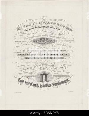 Gelukwens bij het huwelijk van prinses Mariannes, 1830 Gratulation in Kalligraphie bei der Hochzeitsprinzessin Mariannes mit Prinz Albert von Preßburg, 19. september 1830. Herzlichen Glückwunsch an die deutsche veerienregelige Verse, unten ein Triomfboog. Hersteller : Druckerhersteller Joseph Vürtheim (börsennotiertes Objekt) Ort Herstellung: Niederlande Datum: 1830 Physikalische Merkmale: Lithographisches Material: Papiertechnik: Lithographie ( Technik) Abmessungen: Blatt: H 475 mm × W 384 mm Betreff: KalligraphyWanneer: 1830-09-19 - 1830-09-19wie: Marianné (Prinzessin der Niederlande) Albrecht Friedrich Heinrich (Fürst von Stockfoto