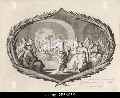 Genezing van een waterzuchtige man eine Aufführung in einer Kartusche aus Palmzweigen. Christus, das Essen, wird in das Haus eines Pharisäers eingeladen. Er heilt einen an Dropsy leidenden Mann. Der kranke Mann sitzt neben Christus in einem Stuhl. Im Hintergrund sind die Menschen tafel. Hersteller : Druckerhersteller Jan Luyken Herausgeber: Pieter Mortier (I) Ort Herstellung: Amsterdam Datum: 1700 Physikalische Merkmale: Radierung; Proofing Material: Papiertechnik: Ätzmaße: Blatt: H 116 mm × W 152 mmToelichtingProefduk eine Buchillustration für David Martin. Geschichte des Alten und neuen Testaments, verrypt mit mehr als Fou Stockfoto