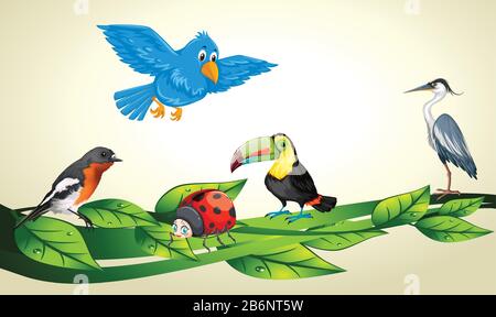 Vögel genießen und spielen auf Baum Stock Vektor