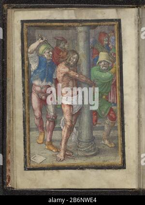Geseling Passie van Christus (serietitel) Flogging Passion of Christ (Serientitel) Eigenschaft Typ: Seite drucken Artikelnummer: RP-P-2011-115-5Catalogusreferentie: New Hollstein Dutch 48-1 (3) Beschreibung: Christus ist an eine Säule gebunden und von zwei Männern mit einer Peitsche und einem Rehe beschleucht. Dieser Druck ist Teil eines handschriftlichen Gebedenboeks. Hersteller: Druckmaschine: Lucas van Leyden (denkmalgeschütztes Gebäude) in seinem Entwurf: Lucas van Leyden Herstellung: Leiden Datum: 1521 Physische Merkmale: Engra-Hand in Rot, Blau, Grün, Gelb und Braun, mit Gold erhöht, auf Pergament und Lagerrahmen in Schwarz angebracht Stockfoto