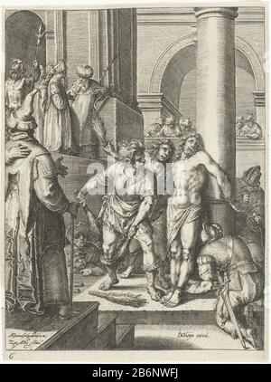 Geseling van Christus Passie van Christus (serietitel) Christus ist an eine Säule gebunden und von zwei Soldaten mit Fagotten gepeitscht. Pilate sieht von einer Erhöhung bis zum Zerspanen aus. Drucken Sie aus einer Serie von 13 Bildern und einem von z. und J. Dolendo The Gheyn II. Hergestellten Titeldruck Hersteller: Druckmaschine: Zacharias Dolendo (auf dem Objekt angegeben) an einen Entwurf von: Karel van Mander (auf dem Objekt angegeben) Herausgeber: Jacob der Gheyn (II) (auf dem Objekt bezogen) Ort Herstellung: Leiden Datum: Nach ca. 1581 - für 1604 und/oder 1596 - 1598 Physische Merkmale: Engra-Material: Papiertechnik: Stockfoto