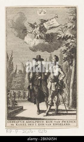 Gesprek tussen Gustaaf II Adolf van zweden en Karel i van Engeland Gustavus Adolphus, kon van Schweden, en Karel den i kon van Engeland (titel op object) De koningen Gustaaf II Adolf van zwei en Karel i van Engeland (met hoed) in een tuin. Boven hen blaas Fama op een Bazuin Stockfoto