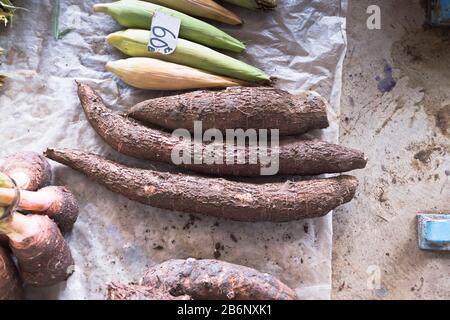 dh PNG-Markt AOTAU PAPUA-NEUGUINEA Tapioca-Wurzeln Gemüsepflanzen Märkte Produkte zeigen Gemüse Lebensmittel an Stockfoto