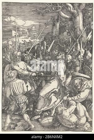 Gevangenneming De Grote Passie (serietitel) Christus wurde von Judas mit einem Kuss verraten und von Soldaten gefangen genommen. Auf der Verso gedruckter lateinischer Text. Dieses Bild ist Teil der Bilderserie "Die Große Leidenschaft", bestehend aus einem Frontispiz und 11 Szenen aus dem Lijdensverhaal. Hersteller : Druckerhersteller Albrecht Dürer (Listed Property) Ort Herstellung: Nürnberg Datum: 1510 und/oder 1511 Physikalische Merkmale: Holzschnitt- und Briefpressgeräte: Papiertechnik: Holzschnitt / Druckformate: Bild: H 394 mm × W 278 mm Betreff: Der Judaskuss: Begleitet von Soldaten mit Fackeln und Laternen, ki er Stockfoto