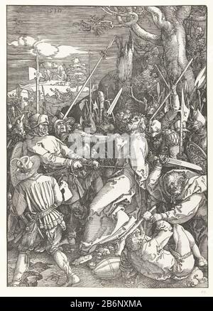 Gevangenneming De Grote Passie (serietitel) Christus von Judas mit einem Kuss verraten und von Soldaten gefangen genommen. Dieses Bild ist Teil der Bilderserie "Die Große Leidenschaft", bestehend aus einem Frontispiz und 11 Szenen aus dem Lijdensverhaal. Hersteller : Druckerhersteller Albrecht Dürer (denkmalgeschütztes Eigentum) Ort Herstellung: Nürnberg Datum: 1510 Physische Merkmale: Holzschnittmaterial: Papiertechnik: Holzschnittmaße: Bild: H 394 mm × W 281 mm Betreff: Der Judaskuss: Begleitet von Soldaten mit Fackeln und Laternen, küsst er Christus Stockfoto