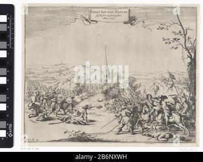 Gevangenneming van Johan VIII., graaf van Nassau-Siegen tijdens gevechten bij Wesel, 1630 Graef Jan van Nassou Geslaghen en ghevanghen Anno 1630 (titel op object) Gevangenneming van Johan VIII., graaf van Nassau-Siegen door kolonel Ysselstein tijdens gevechten bij Wesel, augustus 1630. Hevige gevechten in een landschap voor een kerk, rechts op de voorgrond wordt de graaf te paard gevangen genomen. Gemerkt linksonder: Abb. 11, ol. 102. Hersteller : Hersteller: Dirk StoopPlaats Herstellung: Nederland dating: 1651 - 1652 Physische Kenmerken: ETS Material: Papier Techniek: Etsen Abmessungen: Zopf Stockfoto